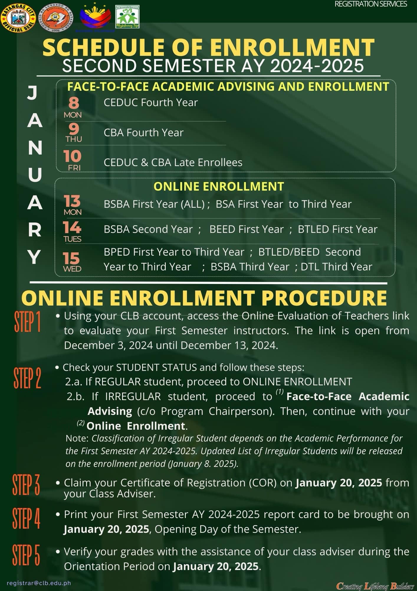 SCHEDULE OF ENROLLMENT